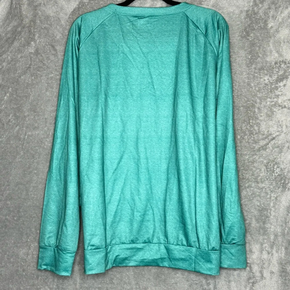 Amazon 2X Shirt Top Green Blue Floral Flower Long Sleeve Scoop Neck Knit Womens - Picture 4 of 5